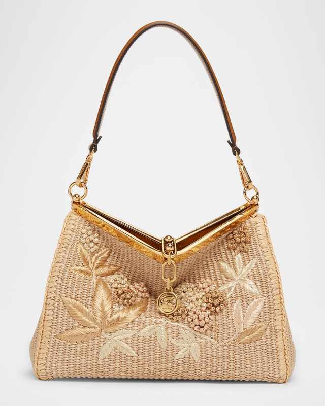 Vela Embroidered Raffia Shoulder Bag